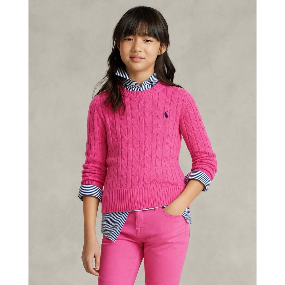 Polo Ralph Lauren Girls Pink Cable Knit Sweater Cotton Pony Logo Size M 8-10